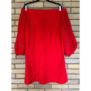 New York & Company Red Eyelet Off Shoulder Balloon Sleeve Cotton Dress XL